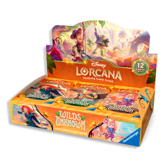 Caja precintada de 24 sobres del juego de cartas coleccionables Disney Lorcana del set Wilds Unknown para personalizar tu mazo con habilidades y nuevos personajes más allá de los mazos preconstruidos o coleccionar.