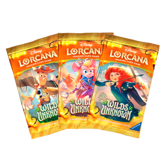 Estos paquetes de refuerzo o boosters contienen 12 cartas aleatorias del set Wilds Unknown de Disney Lorcana TCG para personalizar tu mazo.