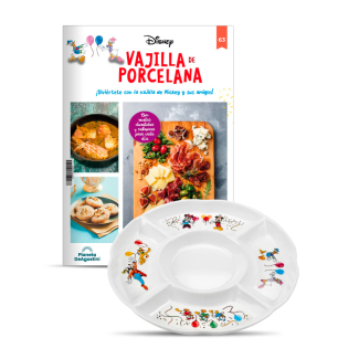 Una vajilla alegre y divertida, con ocho servicios completos basados en emblemáticos dúos de personajes de Mickey Mouse y de nueve piezas cada uno. Cada servicio se compone de: plato llano, plato sopero, plato de postre, conjunto de tazón y plato de desayuno, bol de desayuno, ensaladera, vaso, taza y cubiertos. Sus dibujos coloridos y llenos de vida, creados en exclusiva para cada pieza de esta vajilla, os acompañarán durante muchos años. Reúne todas los ítems de estos 8 emblemáticos dúos: Mickey & Minnie; Mickey & Pluto, Mickey & Goofy, Donald & Daisy, Minnie & Daisy, Donald & Pluto, Donald & sus sobrinos y Mickey & Donald. ¡Ah! Y cada fascículo de la colección incluye un menú completo de recetas sabrosas y fáciles de preparar. Con trucos y consejos para que sorprendas a todos con tus creaciones.