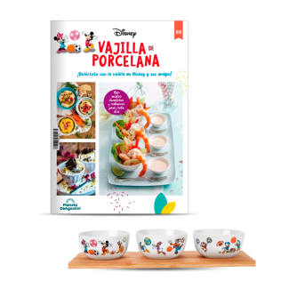 Una vajilla alegre y divertida, con ocho servicios completos basados en emblemáticos dúos de personajes de Mickey Mouse y de nueve piezas cada uno. Cada servicio se compone de: plato llano, plato sopero, plato de postre, conjunto de tazón y plato de desayuno, bol de desayuno, ensaladera, vaso, taza y cubiertos. Sus dibujos coloridos y llenos de vida, creados en exclusiva para cada pieza de esta vajilla, os acompañarán durante muchos años. Reúne todas los ítems de estos 8 emblemáticos dúos: Mickey & Minnie; Mickey & Pluto, Mickey & Goofy, Donald & Daisy, Minnie & Daisy, Donald & Pluto, Donald & sus sobrinos y Mickey & Donald. ¡Ah! Y cada fascículo de la colección incluye un menú completo de recetas sabrosas y fáciles de preparar. Con trucos y consejos para que sorprendas a todos con tus creaciones.