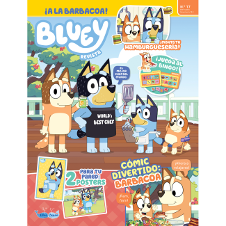 Revista oficial de Bluey nº 17, con actividades, juegos y un divertido set de regalo para jugar en familia a las barbacoas.